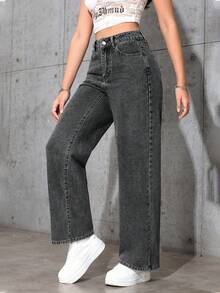 SHEIN PETITE 高腰纯色斜插口袋休闲百搭直筒牛仔裤 - 深灰色 - 查看 5