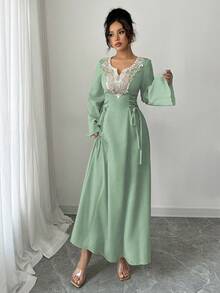 Yasmyna Women's Woven Solid Color Patchwork Collar Long Sleeve Tie Waist Arabic Dress - Green - View 4