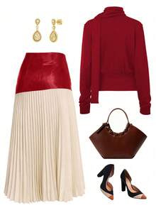 GlowEve Women's Long Sleeve Button Front Shirt & Pleated Midi Skirt 2 Pieces Set - Red - View 2