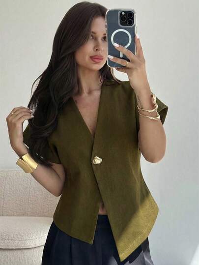 Firerie 女士优雅简约时尚百搭日常通勤纯色姜黄色蝙蝠袖不对称下摆休闲上衣，高端通勤极简主义解构主义宽松蝙蝠袖V领单排扣不对称下摆无袖衬衫，秋冬季款