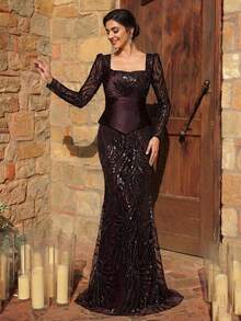 Serin Elegant Luxurious Beaded, Sequin & Embroidered Mesh Sleeve Mermaid Dress, Suitable For Weddings, Parties, Vacations, Galas, Holidays, Bride & Mother Of The Bride Evening Gowns - Coffee Brown - View 5
