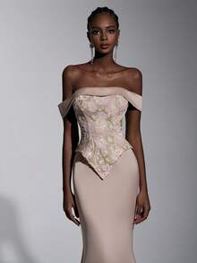 Elitara 优雅、迷人、时尚、色彩缤纷、亮片刺绣缎面滚边、露肩设计、落肩袖、二合一款式、带拖尾的美人鱼裙摆。适合婚礼宾客、各种正式场合、情人节和晚礼服。 - 卡其色 - 查看 3