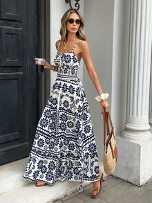 Pariaura 女士全印花休闲度假吊带裙 - 藍色 - 查看 4