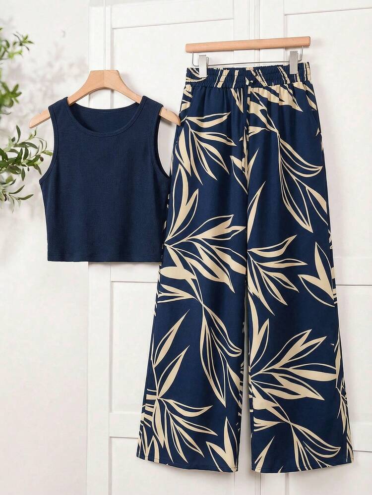 Navy Blue Summer Boho Beach Holiday Plus Size Women 2pcs/Set Sleeveless Top Vest And Printed Wide Leg Pants With Pockets,Casual Vacation Outfits