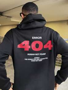 Ngobest Haus Ngobest Haus 男士休闲街头风 404 标语印花保暖连帽卫衣，秋冬款，长袖上衣 - 黑色 - 查看 2