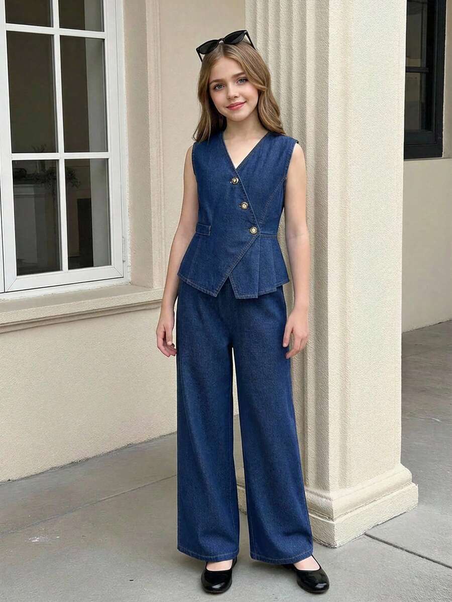 SHEIN Girls' Navy Blue Summer Casual Denim Vest And Pants Set,V-Neck Sleeveless Top With Loose Straight Leg Jeans For Beach,Vacation And Graduation Parties - Dark Wash - View 1