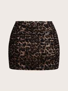 SHEIN EZwear 女士豹纹和纯色网纱紧身迷你裙 - 巧克力棕 - 查看 5