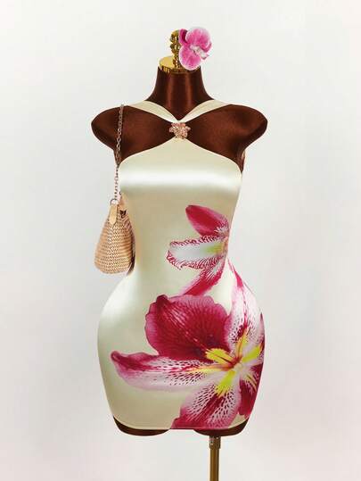 Amplova Women's Floral Print Halter Backless Satin Mini Dress, Shiny Sexy Avant-Garde Suitable For Holiday Outfit