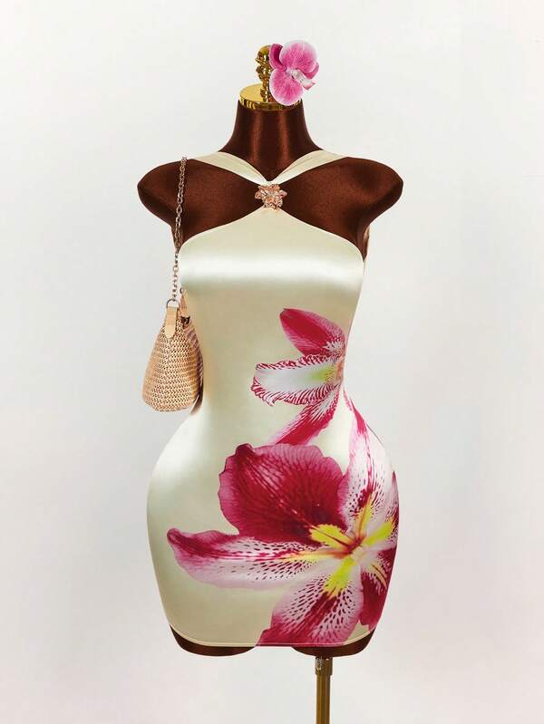 Amplova Women's Floral Print Halter Backless Satin Mini Dress, Shiny Sexy Avant-Garde Suitable For Holiday Outfit