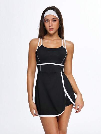 Eassivo Eassivo Vestido casual deportivo de mujer con ribete de contraste, conjunto de yoga