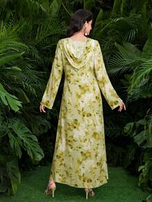 Al Najma Women's Elegant Arabic Floral Print Long Sleeve Chiffon Ruffle Hem Dress, Spring/Summer - Green - View 2
