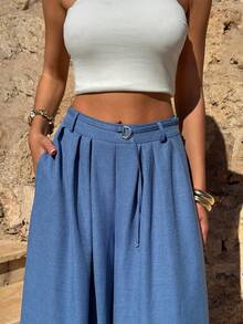 EURMUSE 女士，春季，夏季，波西米亚风，靛蓝色亚麻，阔腿裤，帕拉佐裤，高腰亚麻，褶皱亚麻裤，夏季亚麻，度假装，婚礼宾客裤，透气裤，蓝色亚麻裤，旅行装，休闲高级风，阔腿，舒适 - 藏蓝色 - 查看 3