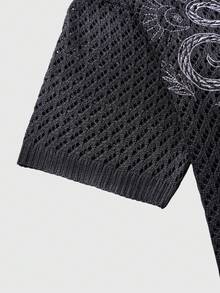 ROMWE MEN Street Life Hollow Embroidered Black Front Button Men's Casual Short Sleeve Knit Top - Black - View 4