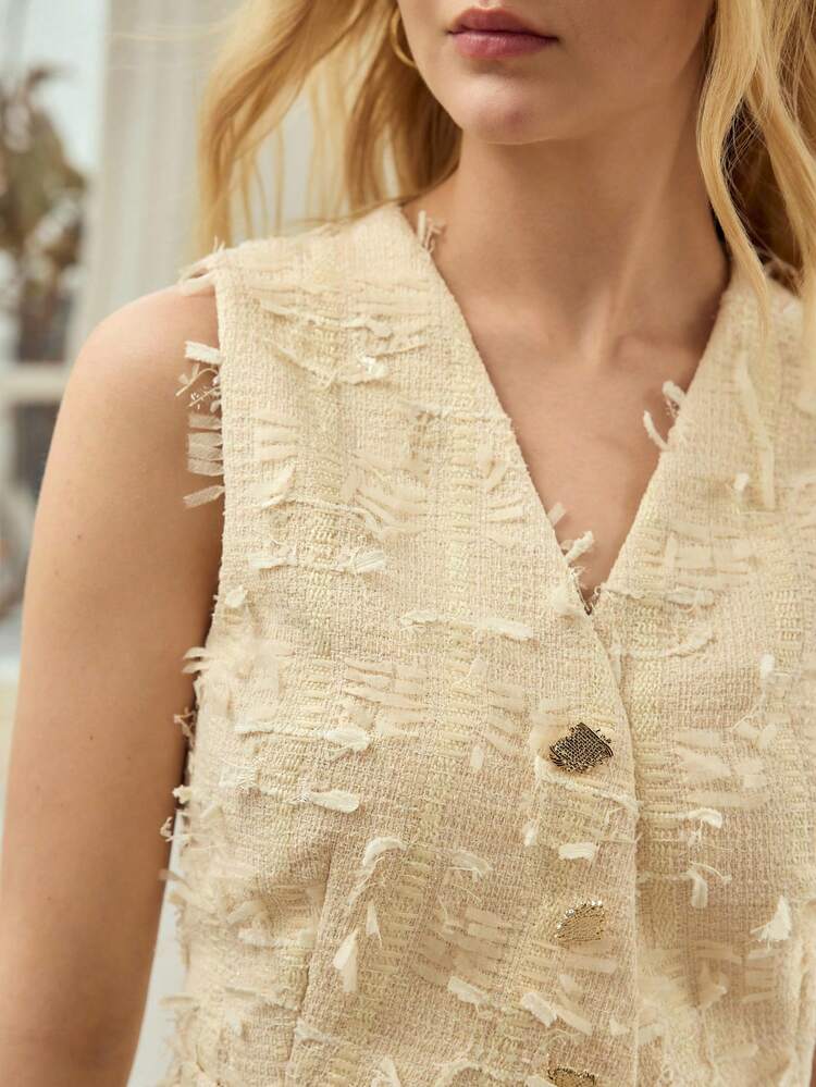 2PCS/SET WOMEN'S COMMUTER TEXTURED VEST AND SLIT SKIRT SET