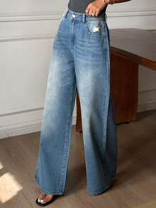 Western Cowgirl Distressed Loose Wide Leg Jeans, Shiny Silver Casual Street Style For Women, Spring/Summer - Blue - View 6