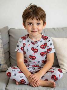 SHEIN 男童跑车卡通图案休闲修身舒适圆领短袖睡衣套装,适合所有季节 - 彩色 - 查看 7