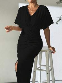 EMERY ROSE 1pc Women's Solid Color V-Neck Batwing Short Sleeve Ruched Slit Bottom Elegant Dress Maxi Women Outfit - Black - View 5