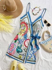 Soleia Women's Vacation Sun Face Print Tie Waist Cami Mini Dress - Multicolor - View 7