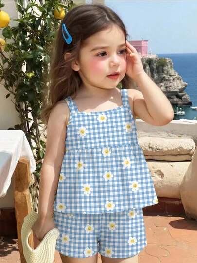 【两件套】甜美清新风蓝白格纹+笑脸花朵印花吊带+短裤，面料轻薄可爱，减龄两件套，适合6个月至2-3岁女童，日常外出，夏季童装