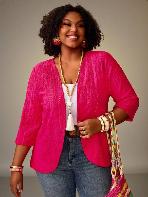 EMERY ROSE Plus Size Vacation Casual Solid Color Schiffy Open Front Coat