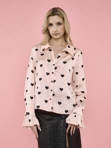 OverBlushhh Women's Satin Heart Print Button Front Long Sleeve, Shirt Blouse With Pleated Cuff, Pink, Work Blouse, Valentine's Day, Valentines, Date, Office, Party, Everyday Wear, Spring - Pink - View 5