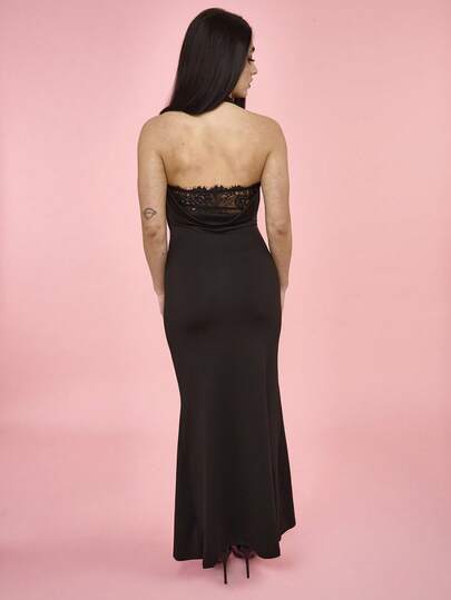 OverBlushhh Women's Halter Neck Maxi Stretch Black Dress With Drapped Deep V Neck, Lace Detail, High Slit, Bodycon Fit, Elegant Formal Event, Wedding Guest Dress, Sexy, Party, Date, Valentine's Day, Valentine, Birthday, Spring