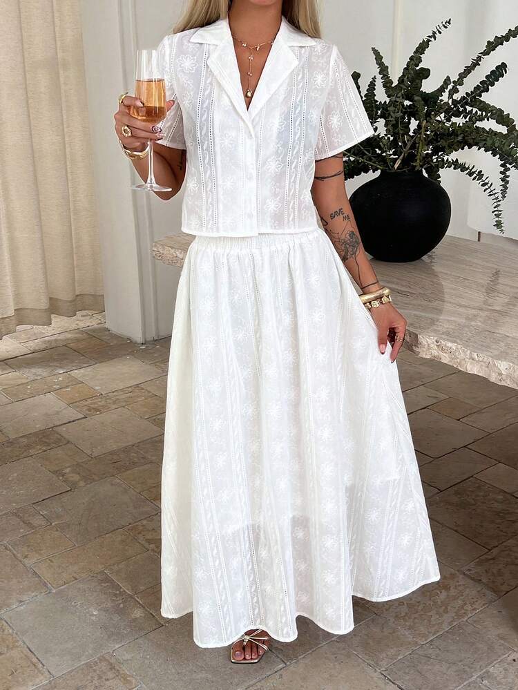 Women's Floral Embroidery Decor Collared Single-Breasted Short Sleeve Top And Skirt 2-Piece Set, Fashionable For Dates And Outings