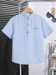 SHEIN 男童休闲条纹领衬衫，百搭款式，适合上学、通勤、运动，春夏皆宜。 - 彩色 - 查看 3