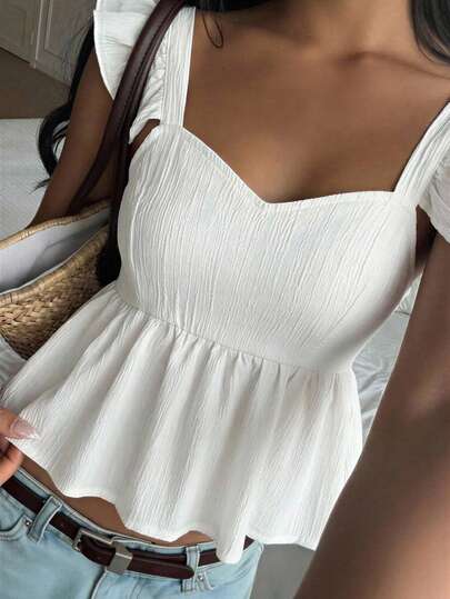 Tween Girls Short Sleeve A-Line Textured Shirt, Ruffle Trim Sleeve Blouse, Suitable For Vacation, Travel, Casual Outings, Spring/Summer