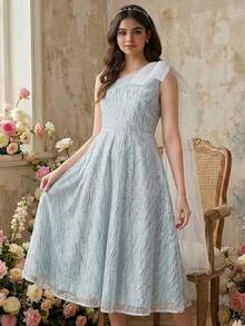 SHEIN Pitira Đầm maxi dáng chữ A bất đối xứng, eo xếp ly, thêu hoa thanh lịch dành cho thiếu nữ. - màu xanh lá - Xem 3