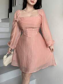 Modelyn 女士法式奢华高端莲藕粉色翻领褶皱荷叶边泡泡袖连衣裙，修身显瘦 - 藕粉色 - 查看 9