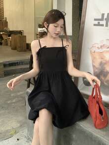FRIFUL Women's Spaghetti Strap Dress With Bow Decor And Peplum Hem Sundress Summer - Black - View 6