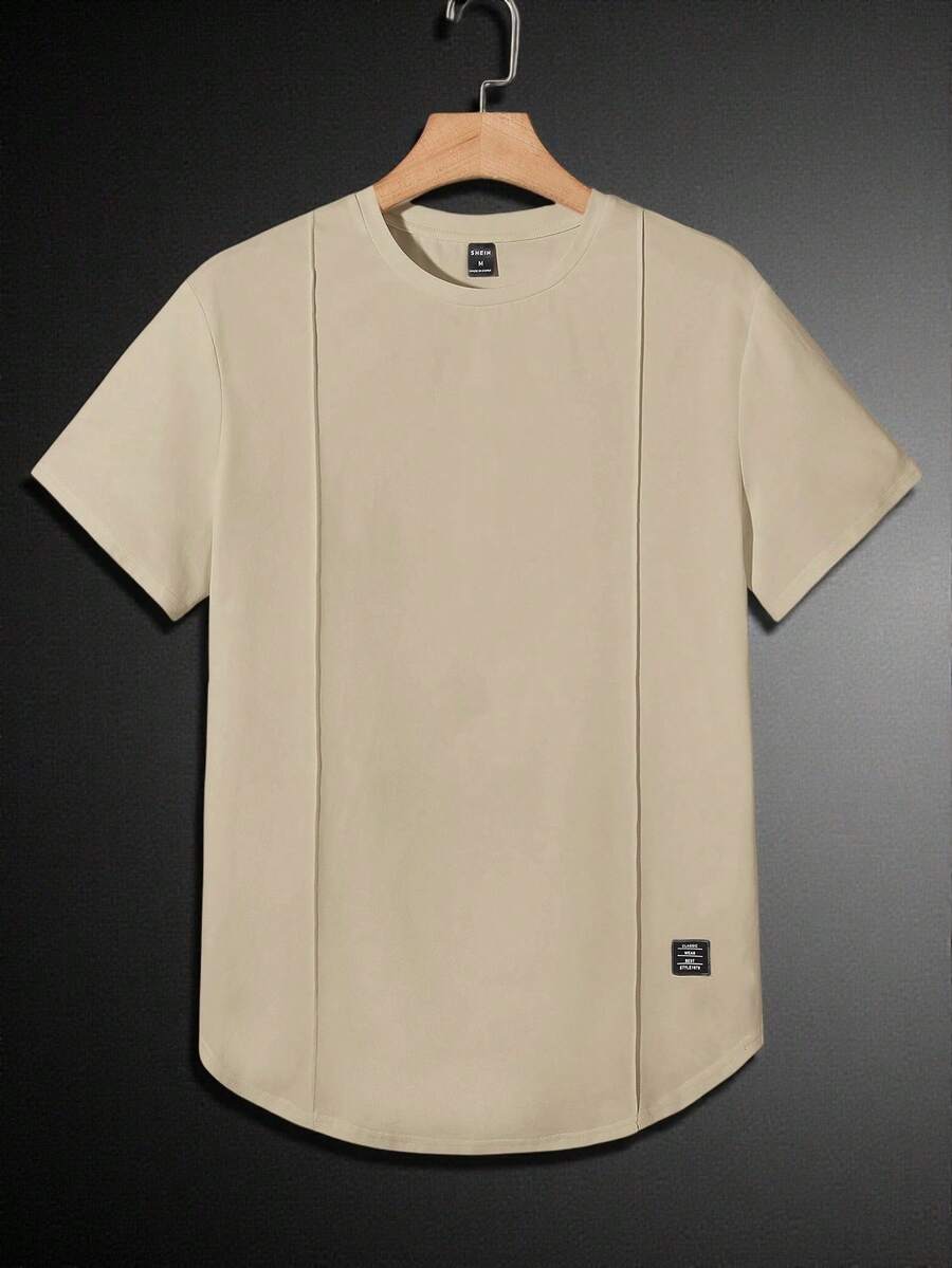 Manfinity VCAY 男式字母贴花弧形下摆T恤，夏季 - 杏色 - 查看 1