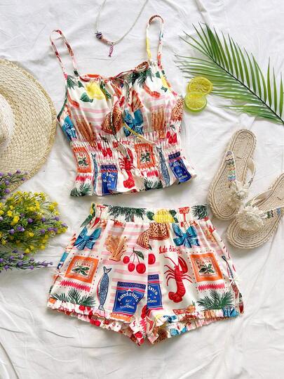 Soleia Women's Vacation Casual Cute Seaside Holiday Pattern Ruffle Camisole Top + Ruffle Shorts 2-Piece Set, Suitable For Beach, Cruise, City Holiday, Vacation, Date, Afternoon Tea, Picnic, Music Festival, Boho, Beach, Summer, Retro Holiday, Daily Commute Two Piece Short Sets Beach Vacation Outfits Woman 2 Piece Women Short Sets Vacation Boho Two Piece Set Beach 2 Piece Set
