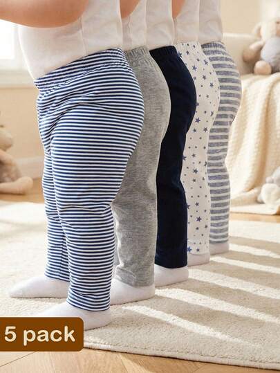 SHEIN Playful Pals 5 piezas/paquete Pantalones a rayas y con estampado de estrellas para bebé unisex, pantalones casuales cómodos