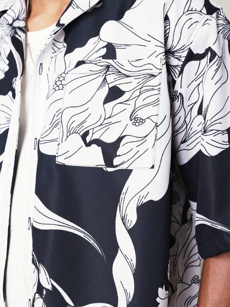 Black Floral Short Sleeve Shirt And Shorts Set