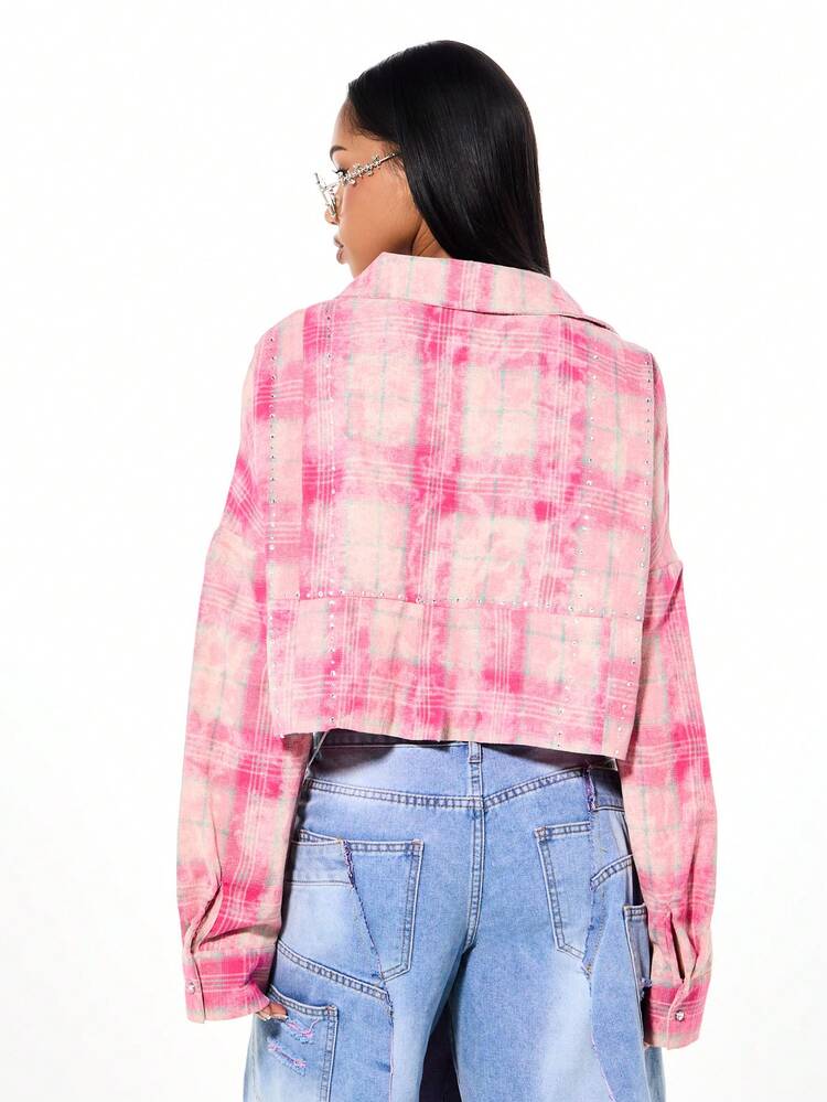 SUMWON WOMEN Pink Tie Dye Collared Crop Blouse With Rhinestones