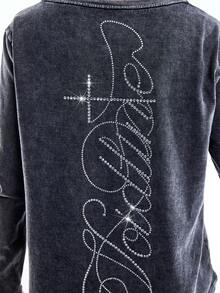 LYSMO 2026 New Arrive Minimalism Spring/Summer Women's Casual Letter Rhinestone Embellished Long Sleeve T-Shirt, Spring/Autumn/Summer Outfits For Women /Spring Outfit Women /Valentine's Day / Valentine Outfits For Women /Valentine Clothes /Valentine's Day Outfit /Birthday Outfits For Women /Going Out Top/Going Out Tops For Women /Elegant Dress Women /Elegant Women's Blouses / Elegant Blouses For Ladies / Casual Blouses For Women /Vacation Outfits Women / Holiday Outfits For Women / Y2k Clothes / 2000s Style/Y2K Tops/Carnival Costume /Carnival Women Look 2026 /Party Top/Party Outfit - Black - View 8