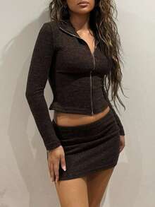 RebeccaVibe 2 件套优雅简约棕色长袖短款上衣和紧身迷你裙套装 - 棕色 - 查看 5