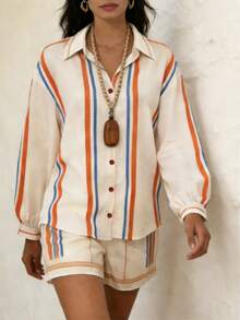 Balvessa Women's Striped Print Loose Shirt + Matching Shorts 2 Pieces Set - Beige - View 5