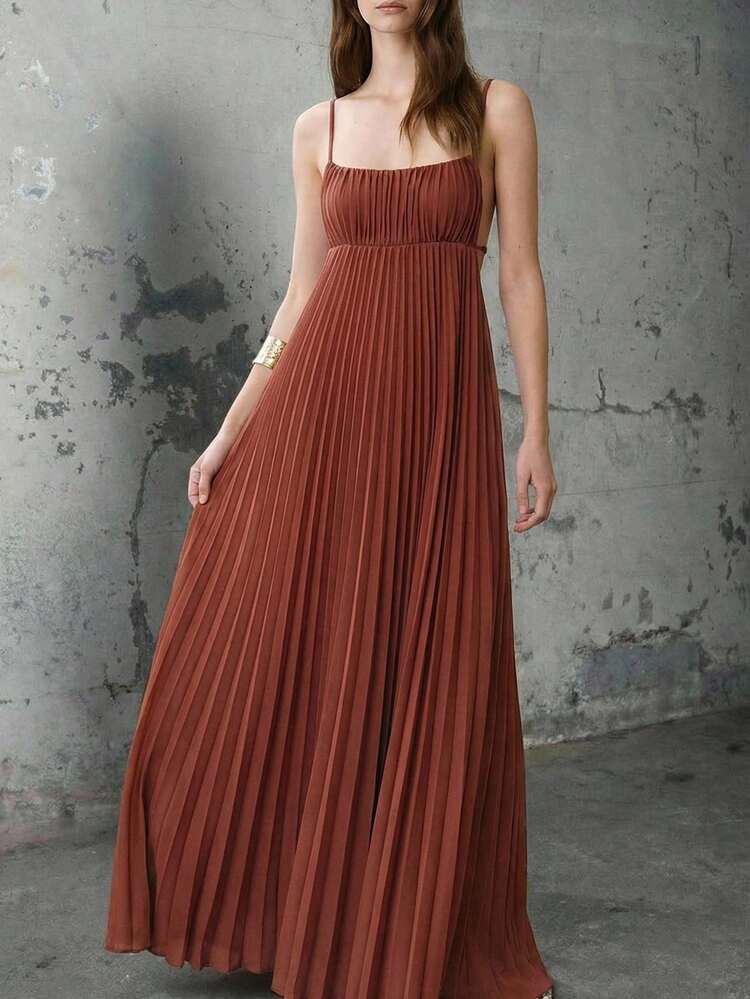 SHEIN Maija Women's Brick Red Summer Vacation Dress, Modern Bohemian Solid Color Sleeveless Pleated Beach Dress  St Patrick's Day Women Easter Summer Outfits Easter Dress Women Party Top Beach Dress Summer Holiday Outfits Each Vacation Outfits For Women  Summer Outfit For Women Going Out Outfits Graduation Graduation Outfit  Casual Dresses  Casual Blouses For Women
