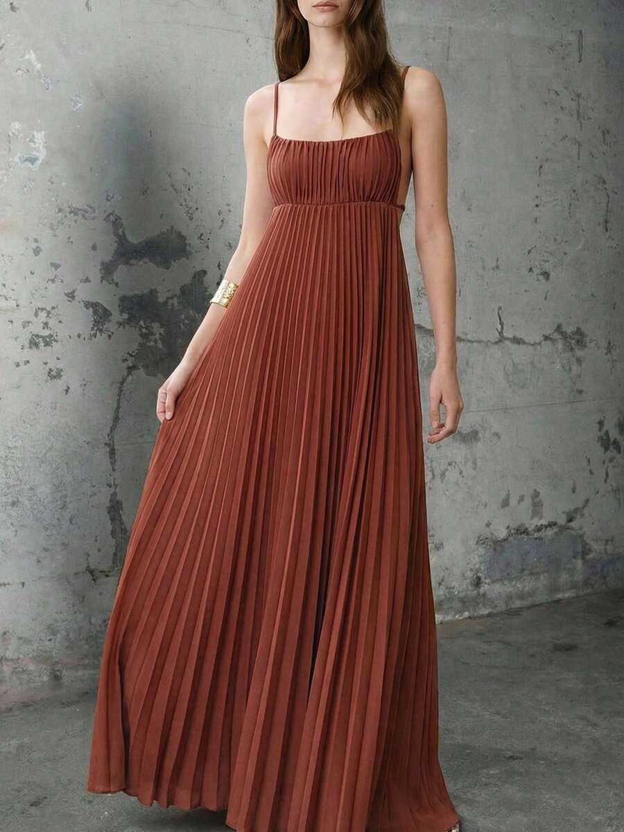 Maija 女士砖红色夏季度假连衣裙，现代波西米亚纯色无袖褶皱沙滩裙 - 鏽棕色 - 查看 1