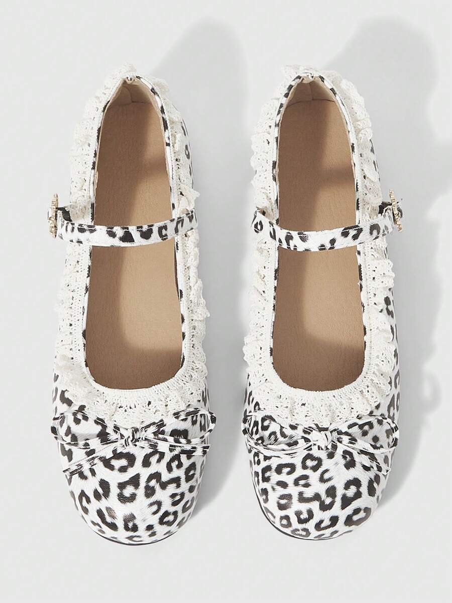 ROMWE Kawaii Women's Fashionable & Sweet Lace Trim Bow Decor Flats For Christmas - beige leopard print - View 1