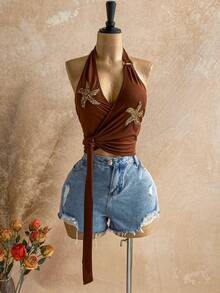 Soleia Áo kiểu lấp lánh cho kỳ nghỉ xuân của phái nữ, thiết kế hình sao biển thắt nút, xếp ly, thời trang, đa năng, thích hợp cho hẹn hò và đi chơi. - Màu nâu  Mocha - Xem 6