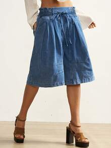 Bohemela 女士休闲纯色梭织牛仔宽松阔腿百慕大短裤 - 中等水洗藍 - 查看 3