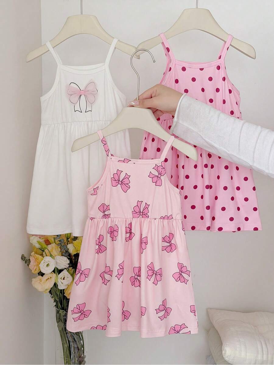 Little Girl Cute Bow Pattern Semi-Sheer Polyester Short Cami Dress With Flared Hem Design - Multicolor - View 1
