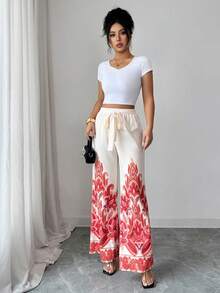 Elenzga Women's New Fashionable Elegant Elastic Waist Tie Design Printed Flare Pants, Suitable For Commuting, Christmas, New Year, Streetwear, French Romantic, Casual, Middle Eastern Retro, Afternoon Tea, Party, Thanksgiving, Back To School, Spring/Summer - Apricot - View 5