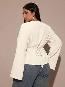 SHEIN BAE Women Plus Size V-Neck Ruffle Long Sleeve Top, Autumn/Winter - Apricot - View 2