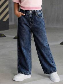 Girls' Versatile Fashion Distressed Straight Leg Blue Jeans - Blue - View 5