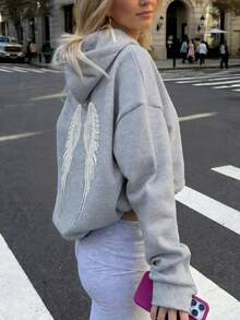 Muchica Casual Minimalist Wing Sequin Print Hooded Long Sleeve Loose Sweatshirt For Women Carnival - Light Grey - View 5